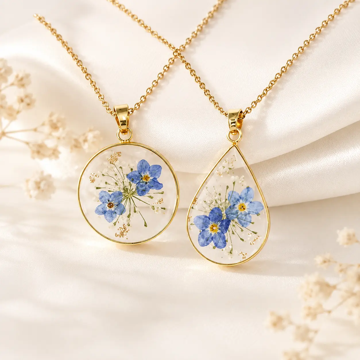 Forget Me Not Pendant Necklace, Pressed Resin Flower Jewelry, Real Dried Flower