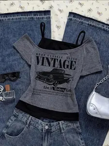 Y2K Vintage Car Shoulderless Hot Girl Fake Two-Piece Top Ns702, Retro Style, Summer, Casual Fashion, Womenswear