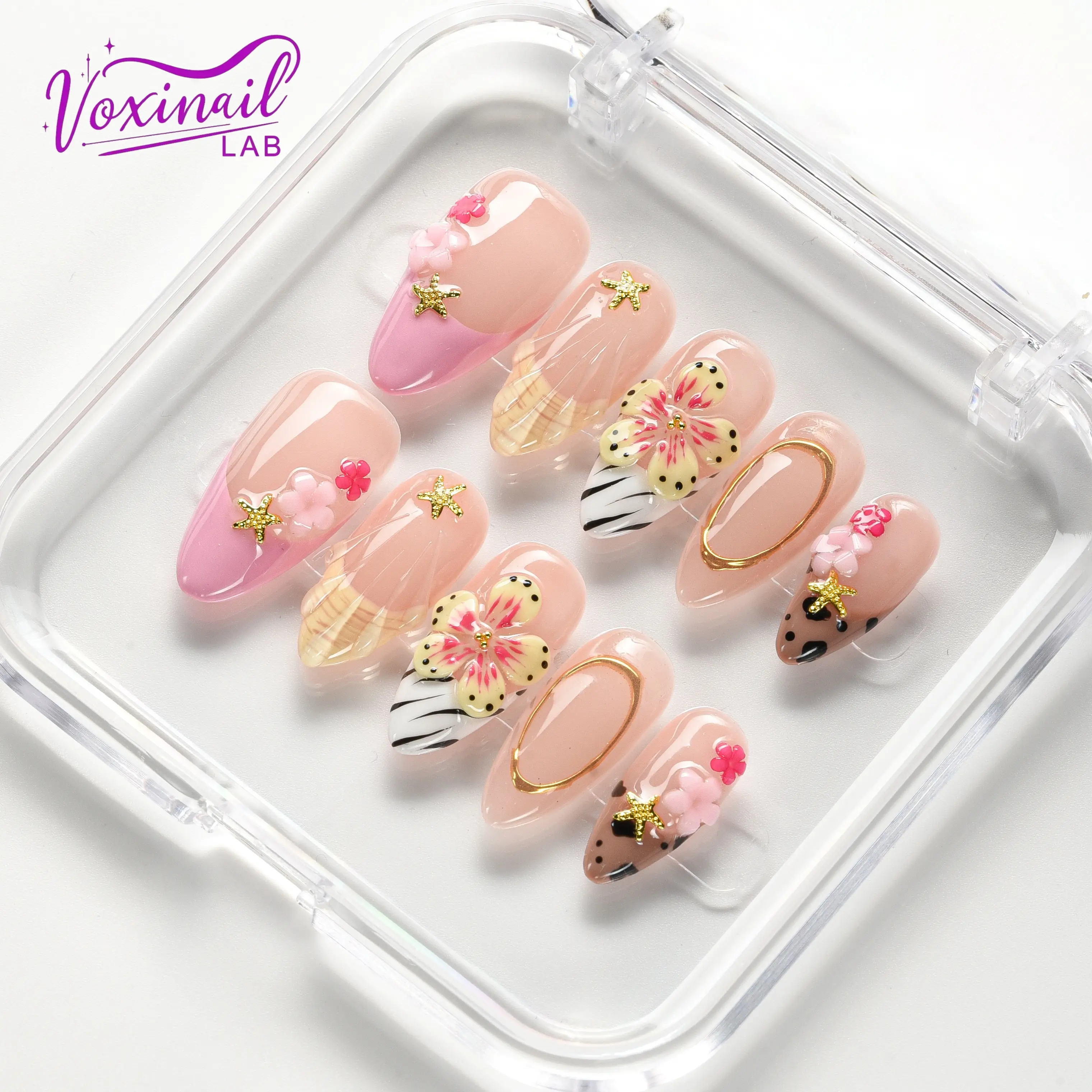 Voxinail Lab | Blush Bloom Getaway | Handmade Almond Press-On Nails | Acrylic, Reusable, Long-Lasting