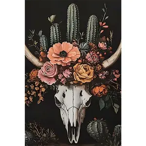 1PC 5D diamond painting 2D flat printing Western Boho Embroidered Floral Design Embroidering Design Diamond Painting Kit with Cow Skull Cactus and Flowers DIY for Home Wall Decor 5D Bull Head Embroidery Craft Gift for Adults and Kids