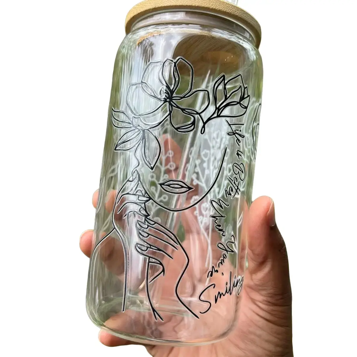 Life is Better When You're Smiling 16 oz Libbey Glass Cup with Glass Straw - Perfect for Drinks