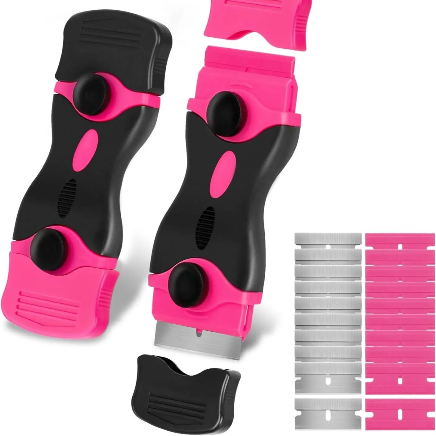 Pink Razor Blade Scraper Tool, Cleaning Razor Scraper for Glass, Glass Top Stove Scraper for Oven Door, Razor Scraper Gift for Women, 2-in-1 Scraper Tool Set with 20Pcs Razor Blades for Removing Window Labels (2 Pack)