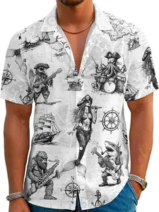 Funny Pirate Hawaiian Shirt Men's Aloha Shirt Summer Beach Vacation Short Sleeve Casual Button Down Shirt