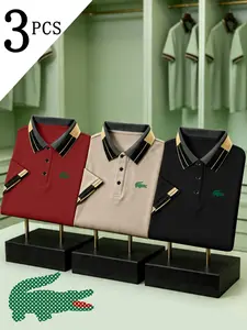 Men's Golf Polo Shirts Set of Three, Crocodile Print, Fitted Collared, Elastic Casual Breathable, All-Season Comfortable High-Quality