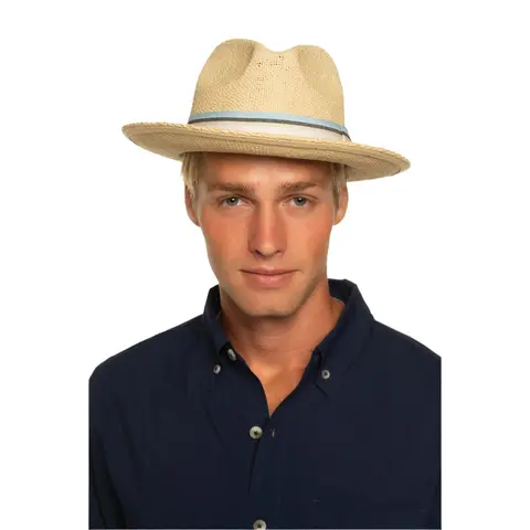 Unisex Hand Woven Straw Fedora - Surf Club Rugby Stripe Band, Brimmed Crown, Breathable, Natural-Feeling, Easy to Share, Cool Hats, Fashionable Hats, UPF 50+, S/M, L/XL