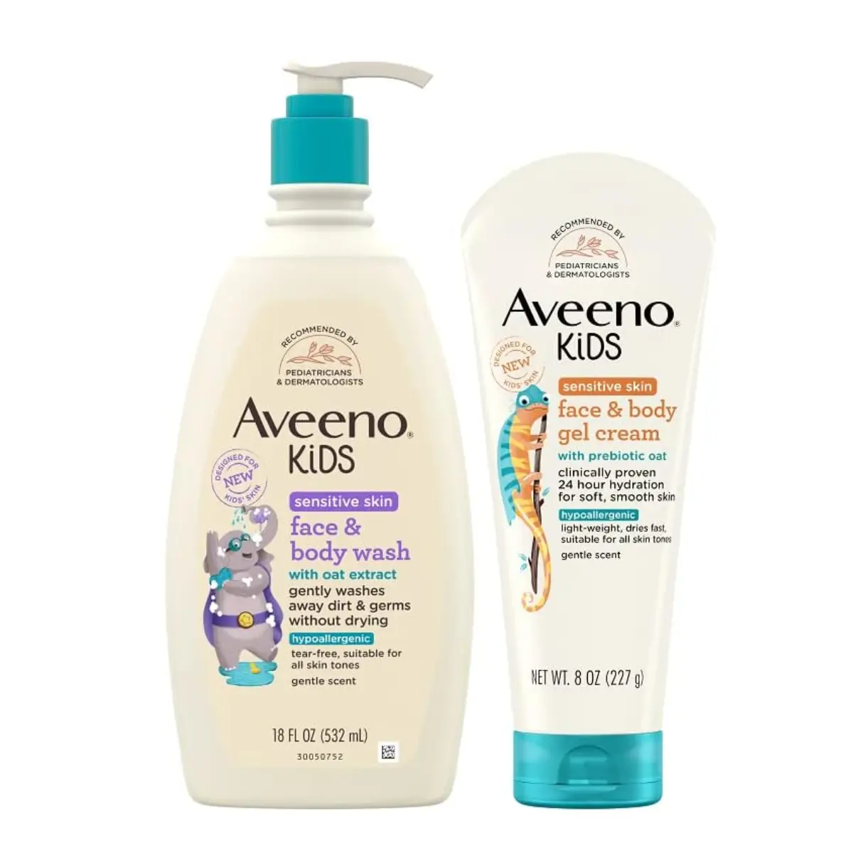 Aveeno Kids Sensitive Skin Face & Body Wash With Oat Extract, 18 fl. Oz with Aveeno Sensitive Skin Face & Body Gel Cream for Kids with Prebiotic Oat, 8 oz