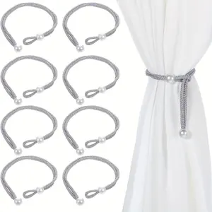8pcs Adjustable Grey Rope Curtain Tiebacks with Pearl Buckle - Elegant Decorative Holders for Home, Office, or Hotel Window Drapery, Curtain Accessories