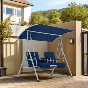 Free-Standing Porch Swing with Removable Canopy, Pivot Storage Table & 2 Cup Holders - All-Weather Design for Patio, Garden, Balcony (Beige/Black/Navy Blue)