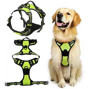 Anti-pull reflective adjustable harness for large dogs, black neon green heavy-duty training pet vest, dog leash
