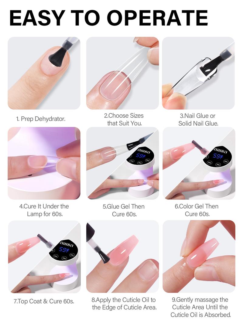 AILLSA Upgraded DIY Nail Kit Medium Square 224pcs Nail Tips in 14 Sizes with Soild Gel Nail Glue,Nail Dehyrator,4 Timers Auto Sensor UV Lamp,3 Gel Polish,Top Coat,Nail Stamp,Cuticle oil, gelx nail,Manicure Fall Nails Birthday&Chritmas Gift for Girl