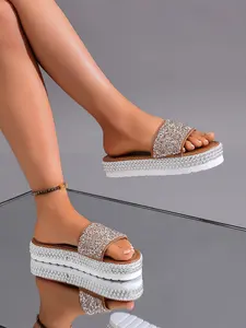 Summer New Full Rhinestone Thick Sole Slip-On Women's Outdoor Elevator Sandals, Fashion Sparkle Toe-Open Slippers for Ladies