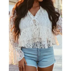 Tie V Neck Lace Ruffle Detail Long Sleeve Blouse