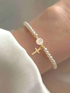 Women's Cross Round Initial Pendant Bracelet, New Vintage Charm Faux Pearl Beaded Chain, Ladies Fashion Jewelry Accessory, All Seasons
