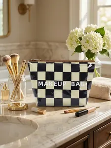 Chessboard Transparent Waterproof Makeup Bag, Women's Portable Storage Bag, Large Capacity Wash Bag, Zipper Handheld Travel Organizer, Travel Cosmetic Bags, Makeup Pouch