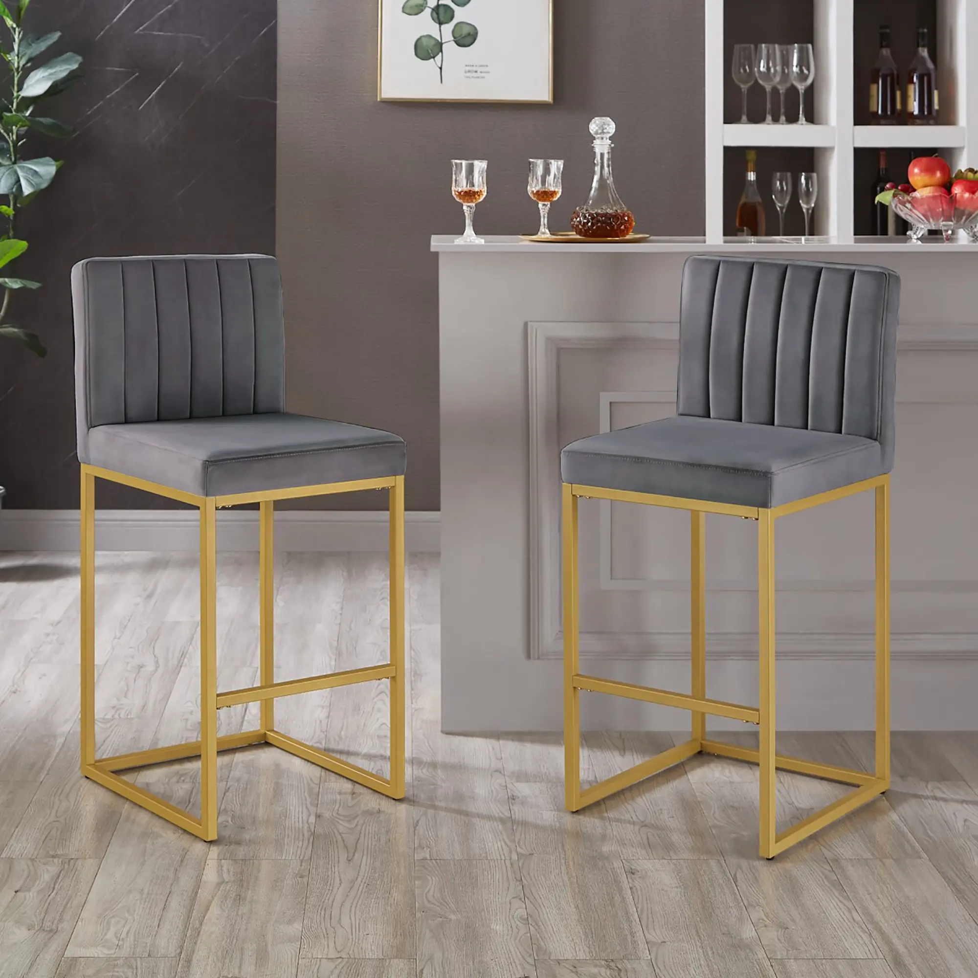 Eyisean 36 in Armless Modern Glam Counter Stools (Set of 2) - Full Backrest, Comfy Velvet, Sturdy Iron Legs, Versatile Indoor Chairs for Kitchen Island & Restaurant