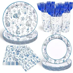 Whaline 120Pcs Easter Tableware Set Serves 24 Blue White Retro Bunny Rabbit Chinoiserie Floral Paper Plates Napkins Cups Forks Disposable Dinnerware for Spring Bridal Baby Shower Wedding Party