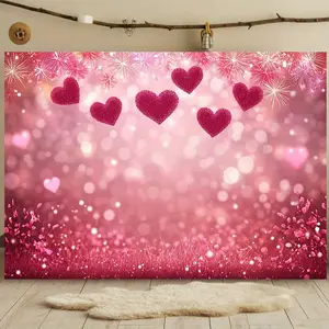 1PC Polyester 2D Flat Valentine's Day Blush Pink Love-Themed Backdrop - Romantic Heart-Shaped Bokeh Flower Grass Cloth, Reusable Banner for Wedding Proposal, Photography, Party Decoration Supplies, Birthday