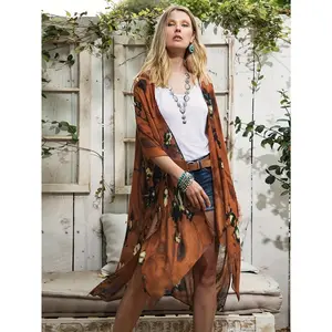 Floral Print Cardigan, Casual Vacation Clothes Batwing Sleeve Top, Women's Clothing