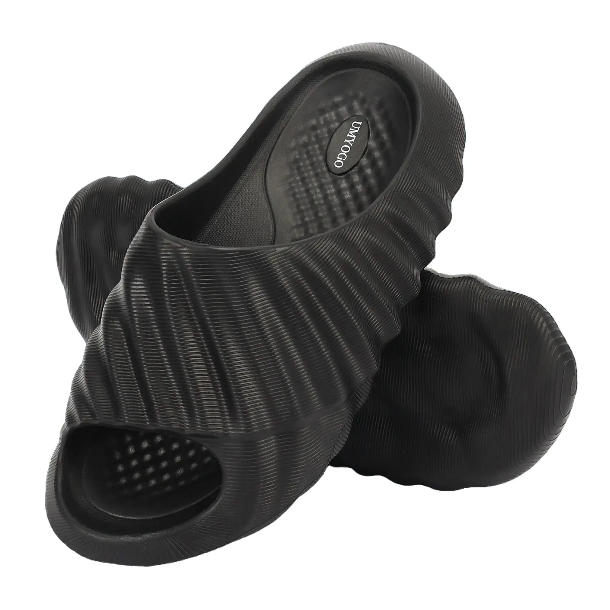 Men’s Thick-Sole Cloud Cushion Recovery Slides Non-Slip Massage Footbed Slippers for Indoor, Outdoor Gym Use