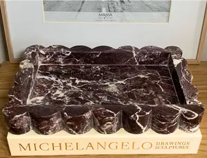 Hand-crafted Decorative Cherry Rosso Levanto Marble Scallop Edge Square Tray, 8x12x1.5 Marble Vanity Tray, Marble Charcuterie, Gift Under 100