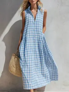 2026 Summer New Arrival Women's Loose Comfortable Sleeveless Plaid Dress, Casual Long Dress for Ladies, Trendy European and American Style