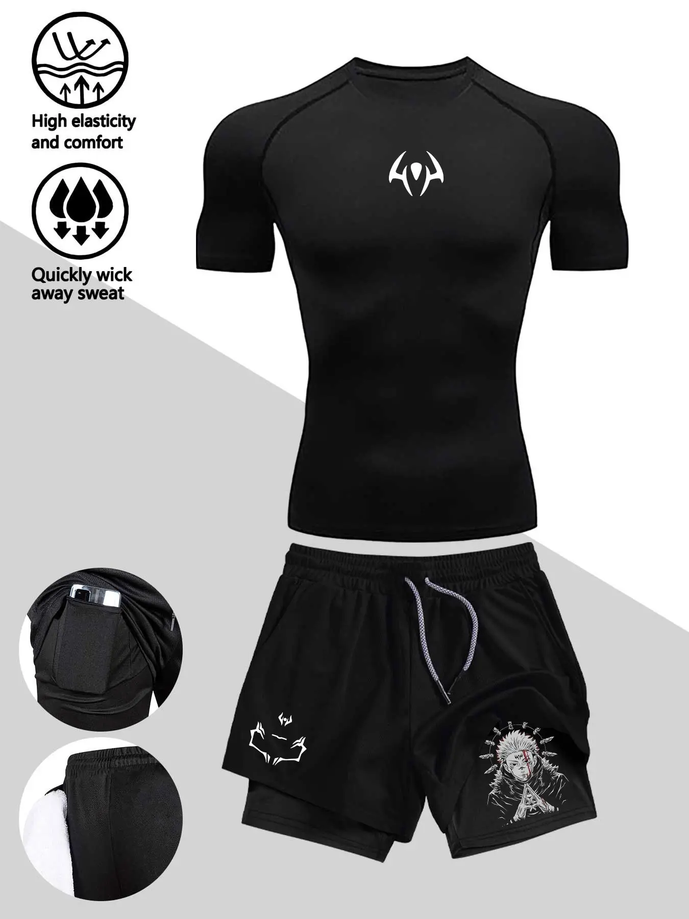 Men's Sporty Fitness Suit, Quick-Dry Print T-Shirt and Shorts Set, Fitness Sport Outfits, High Elasticity, Ideal for Gym and Basketball, All-Season Short Sleeve, Fitness Clothes, Athletic Sports Clothing