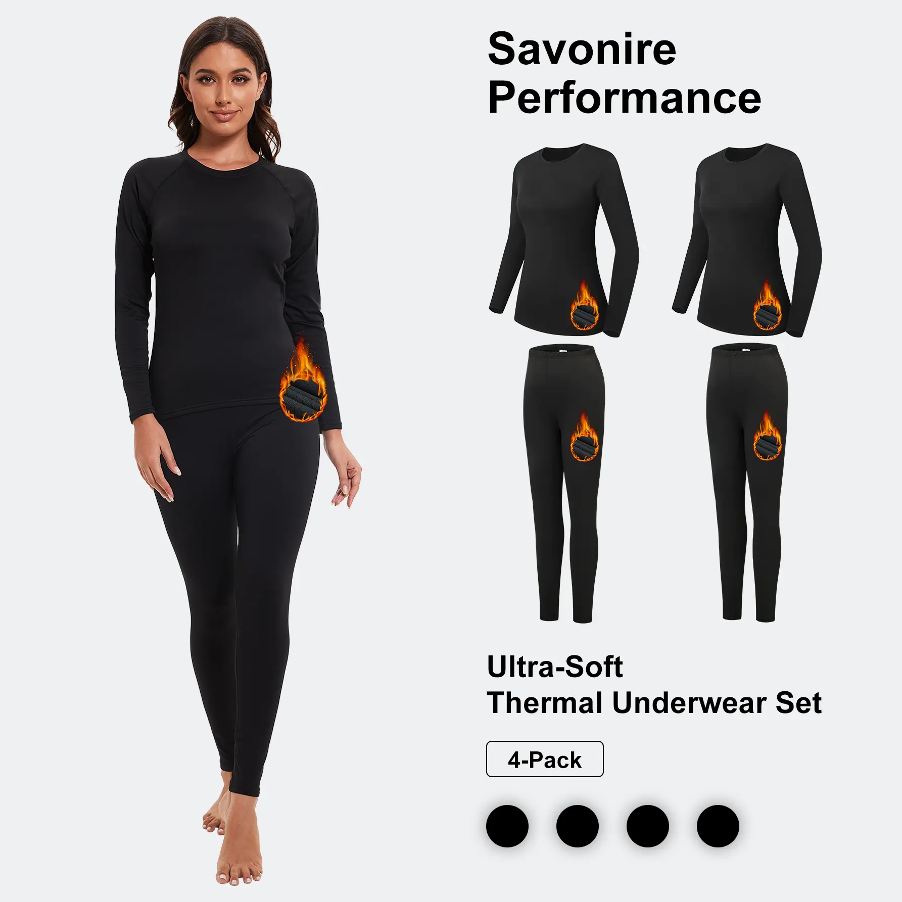 Women's 4-Piece Heavyweight Fleece-Lined Thermal Underwear Set, Comfortable Long Sleeve Top & Leggings, Compression Base Layer for Cold Weather Winter Sports & Outdoor Lounge Wear