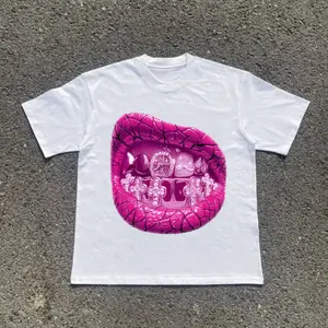 Retro Sparkling Diamond Pink Grills Warm Print T-shirt, Pink Grillz Lips Tee, Y2K Pink Lips Aesthetic Shirt, Hip Hop Bling Mouth Tee, Grillz Shirt, 2000s Shirts, Unisex Cotton Crewneck T-Shirt Menswear Womenswear Streetwear Top