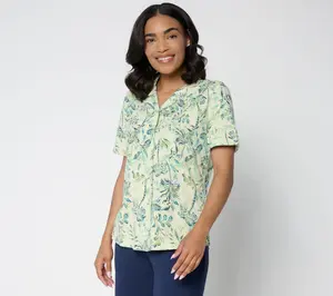 Denim & Co. Printed Linen Blend Button Front Top