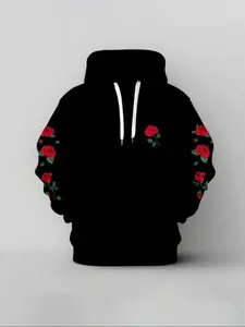 Men's Fashion Hoodie with 3D Rose & Blue Flame Print, Casual Pullover Sweatshirt, All Seasons Wear