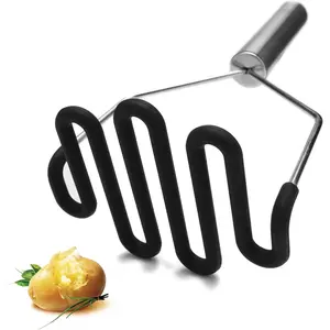 Potato Masher - Silicone Protect Body with Premuim Stainless Steel Non-Scratch Cookware for Smooth Mashed Potato Vegetables and Fruits Color Black