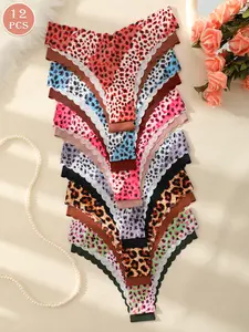 12 pieces of seamless women's panties, available in various leopard prints and solid colors, sexy low-waist wave-edge triangle underwear, suitable for daily work and activities in autumn and winter.