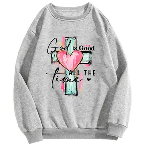 Men's Classic Acid-Washed Cotton Crewneck Pullover Hoodie - Faith-Inspired Menswear Top with "God is Good+Cross+Pink Heart+ALL THE time" Prints, Polyester-Blend Fabric, Casual, Comfy, Distinctive for Street Outings & Daily Wear