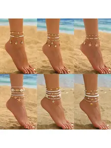 Bohemian style beach vacation pearl shell star three-layer ankle jewelry bracelet for women