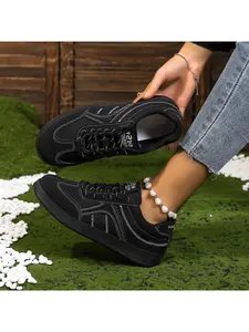 Women's Retro Sneakers, Black/Brown, Contrast Stitching Design, Casual Daily Commute Shoes
