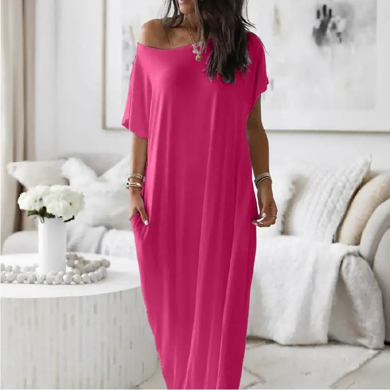 Women's Basic Cotton Lightweight U-Neck Batwing Short-Sleeve Loose Oversize Solid Elegant Grey Loungewear Dress - Simple All-Season Casual Comfy Night Gown