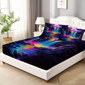 Rainbow Waterfall Bedding Set, Includes 3 Pieces, 1 Fitted Sheet and 2 Pillowcases, Vibrant Night Scene, Plants and Starry Sky