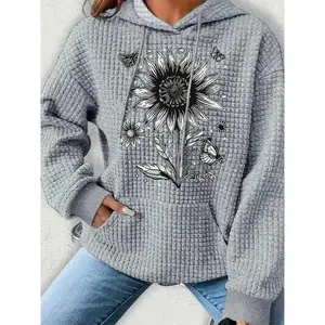 【Plus Size】 Floral Print Pocket Drawstring Hoodie, Casual Long Sleeve Hooded Sweatshirt for Fall & Winter, Women's Clothing for Daily Wear（gift）Gift