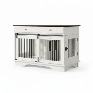 Multi-Functional Dog Crate Furniture, 47" Large Wooden Indoor Kennel Table with Removable Divider, 2 Storage Drawers, End Table Style Heavy Duty Pet Cage for Large, Medium, Small Dogs