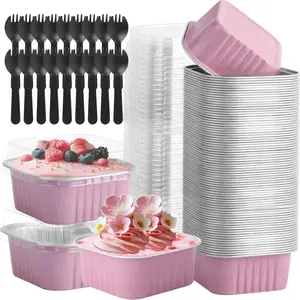 60 Pack Mini Square Cake Pans with lids and, 5 OZ Pink Disposable Cake Pans, 3.5x3.5 Inch Aluminum Foil for Mother's Day, New Year, Anniversaries, Birthdays