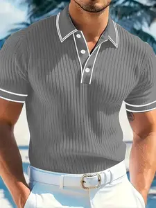 Men's striped knitted slim fit short-sleeved shirt, Polo Style, featuring a classic button-down collar design, comfortable and breathable elastic fabric, suitable for summer casual wear, daily outings, and outdoor vacations.