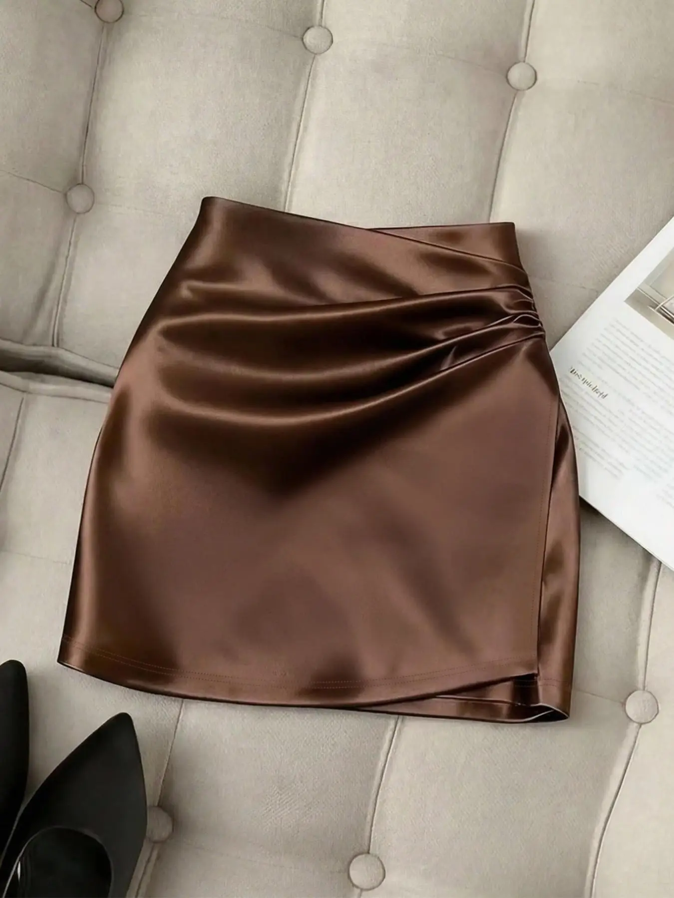 Summer Satin Smooth Fashion Elegant Women's Bottom Short Solid Color Skirt, Simple Basic Minimalist Stylish Design, Perfect for Formal Office, Date and Evening, All Seasons Wear