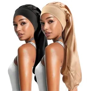 2pcs Women's Long Hair Sleeping Cap Faux Silk Elastic Turban Hair Cover Beauty Salon Hair Care Headwrap