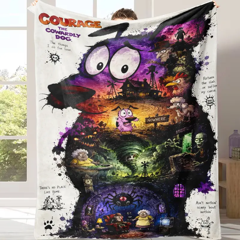 Retro Courage The Cowardly Dog Fleece Throw Blanket, Nostalgic 90s Cartoon Poster Art Blanket For Sofa Bed, Soft Warm Home Decor, Birthday Christmas Gift For Animation Enthusiast Cartoon Themed Household Gift