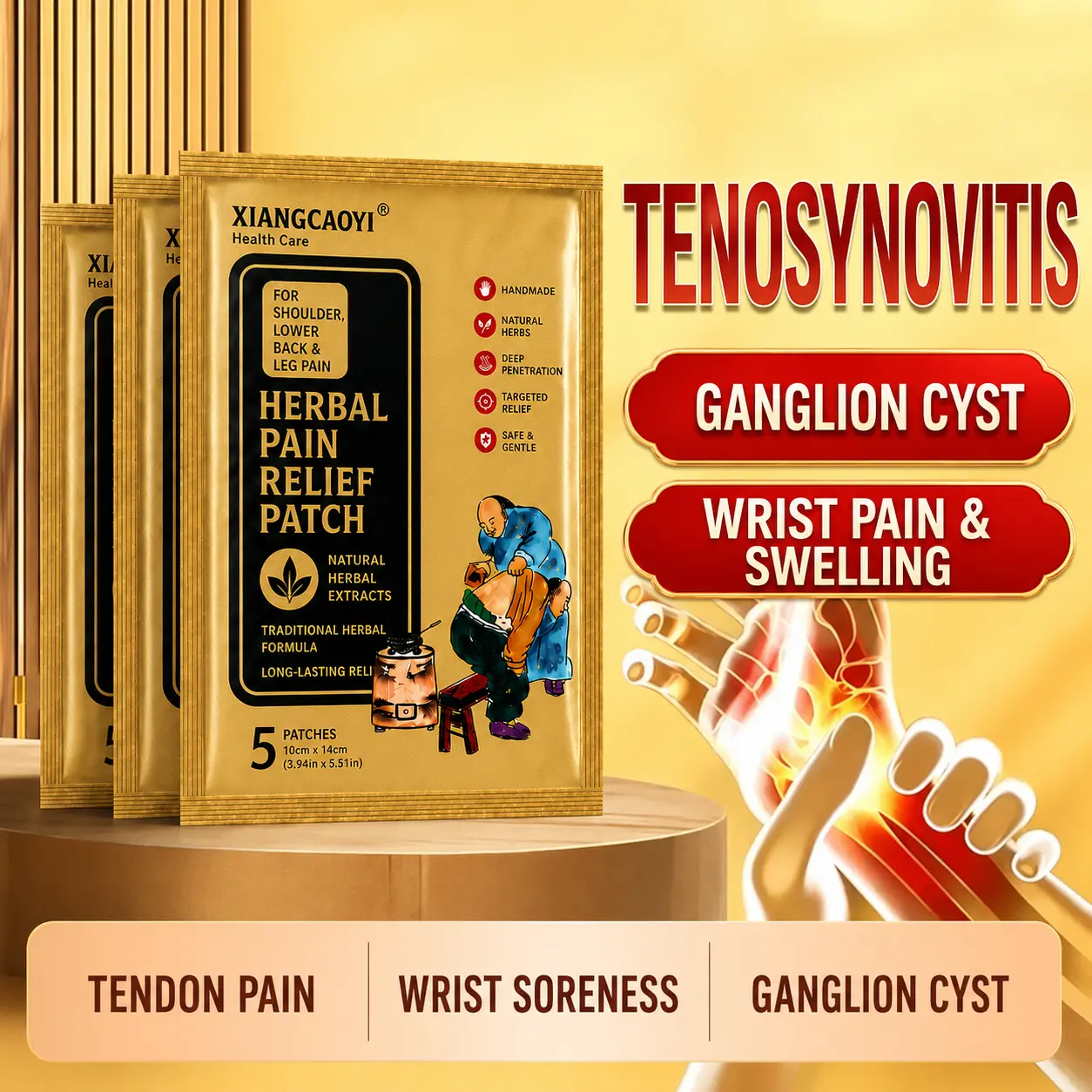 Herbal Heat Patches for Wrist & Finger Pain Relief, Tenosynovitis, Trigger Finger, Ganglion Cyst, Thumb Soreness, Stiff Knuckles & Swelling – Targeted, Flexible, Breathable, Cut-to-Fit Adhesive Hand Patches for Work, Rest and Daily Comfort, 5 Count