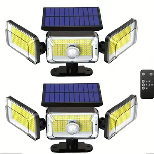 2 Pack Triple-Head Solar Powered LED Security Light, Remote Control PIR Motion Sensor Flood Lamp, IP44 Waterproof Dusk to Dawn Auto On/Off Outdoor Wall Light for Yard Garage Pathway Courtyard