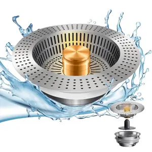 3 in 1 Kitchen Sink Drain Strainer Filter Basket Stainless Steel SUS 304 Pop Up Drain Stopper 3-1/2 Inch Drain Anti-Clogging Odor Prevention Sink Protector for Kitchen Bathroom Home Organizer Cleaning Removable