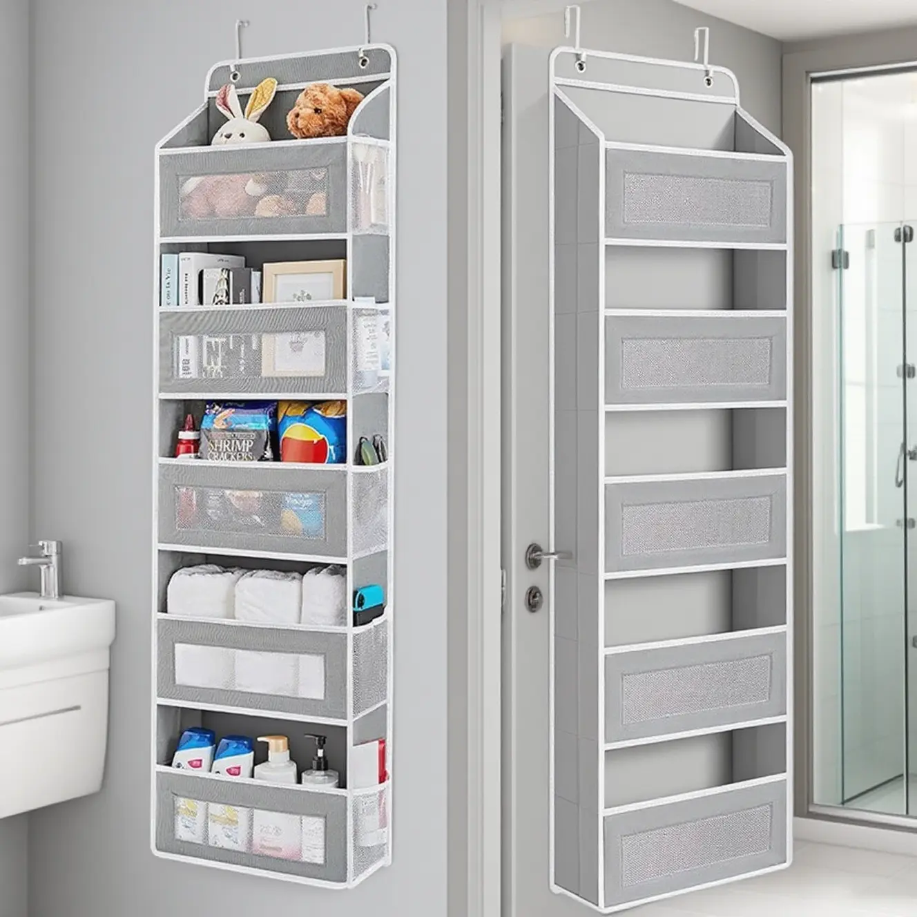 1 Pc Over the Door Organizer with 5 Bins 10 Side Pockets, 44lbs Load Hanging Bathroom and Bedroom Organizer, behind the Door Hanging Organizers for Nursery Newborn Baby Essential Stuff Grey