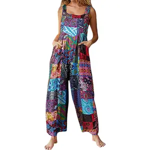 Overalls Women Summer Boho Floral Loose Wide Leg Jumpsuits with Pockets Patchwork Bib OverallsGift
