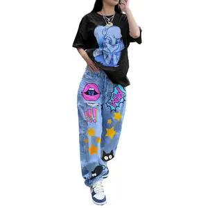 Y2K Low Rise Printed Slim Fit Straight Leg Jeans for Women – Vintage 2000s Aesthetic Denim Pants Fall Fashion